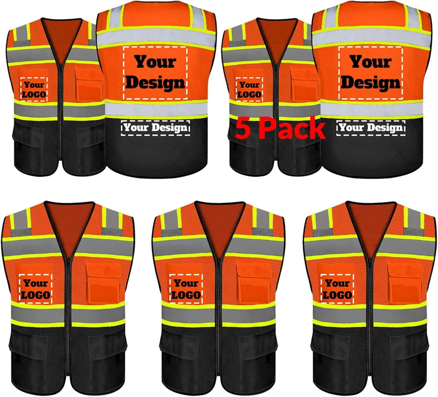 Custom Safety Vest with 5 Pockets & Zipper for High Visibility