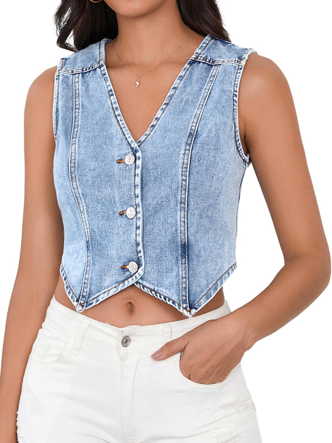 Stylish SHENHE Women's Denim Vest for Y2K Cropped Look