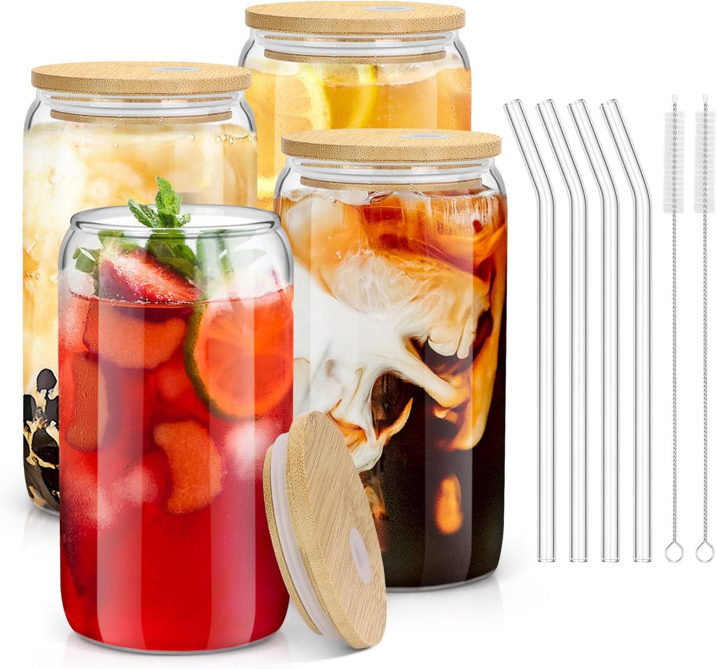 Sungwoo 4PCS Glass Cups Set - Eco-Friendly Bamboo Lids & Straws