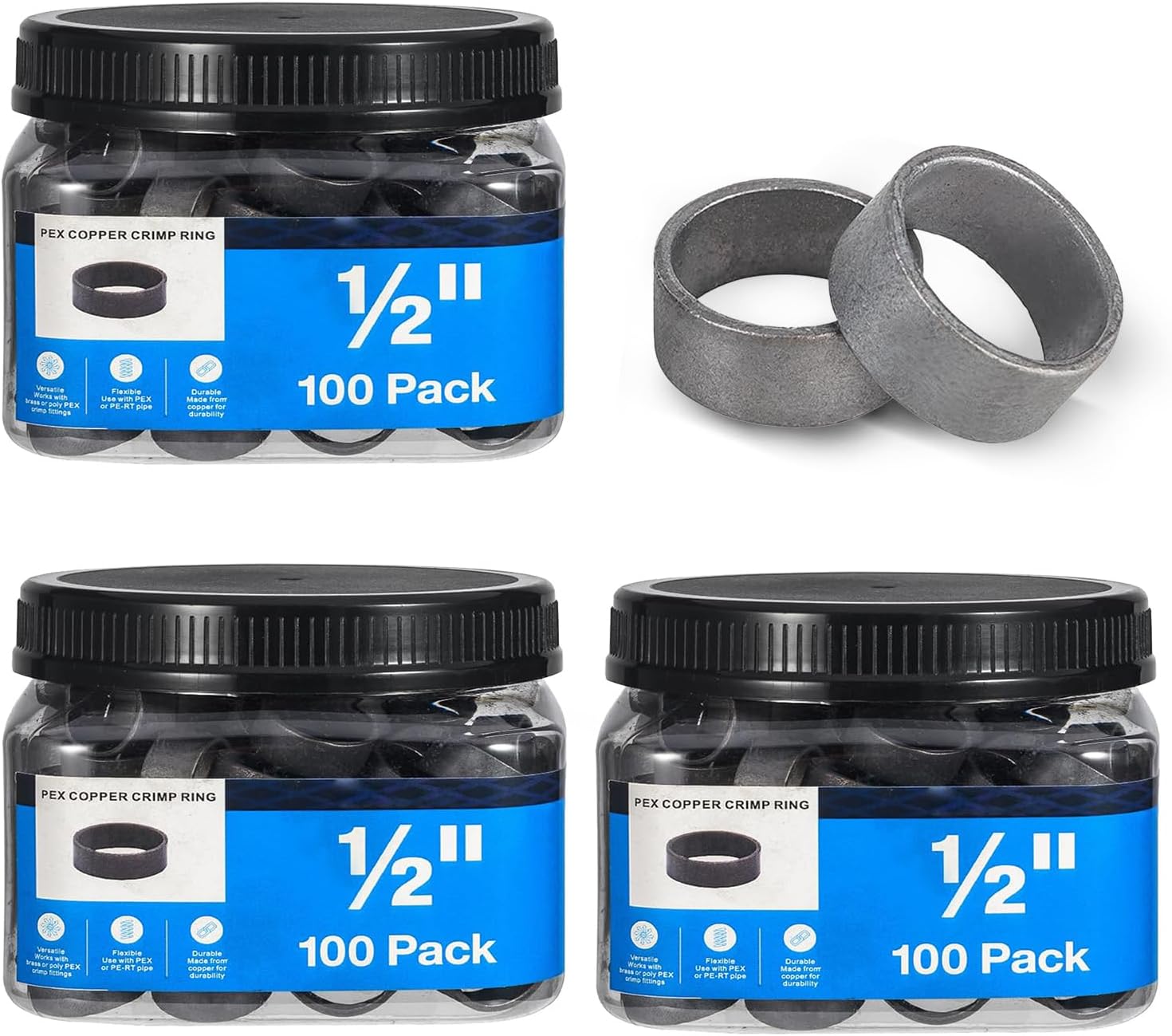 Pack of 300 1/2 Inch PEX Copper Crimp Rings for Plumbing