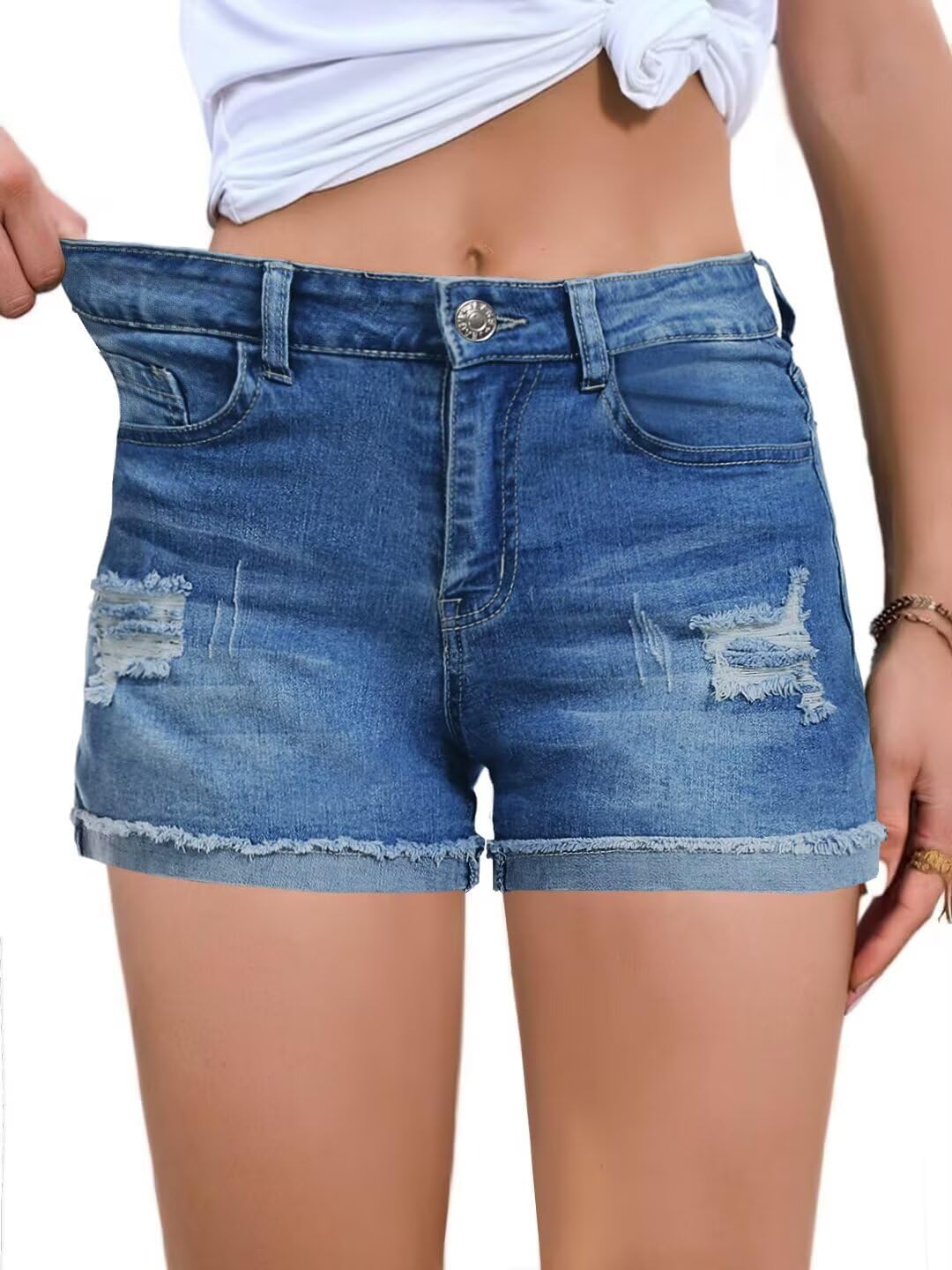 FEKOAFE Womens Casual Mid/High Waisted Denim Shorts for Summer