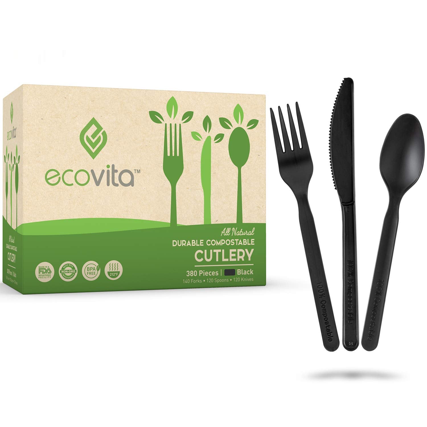 Ecovita 100% Compostable Cutlery Set - Eco Friendly Utensils