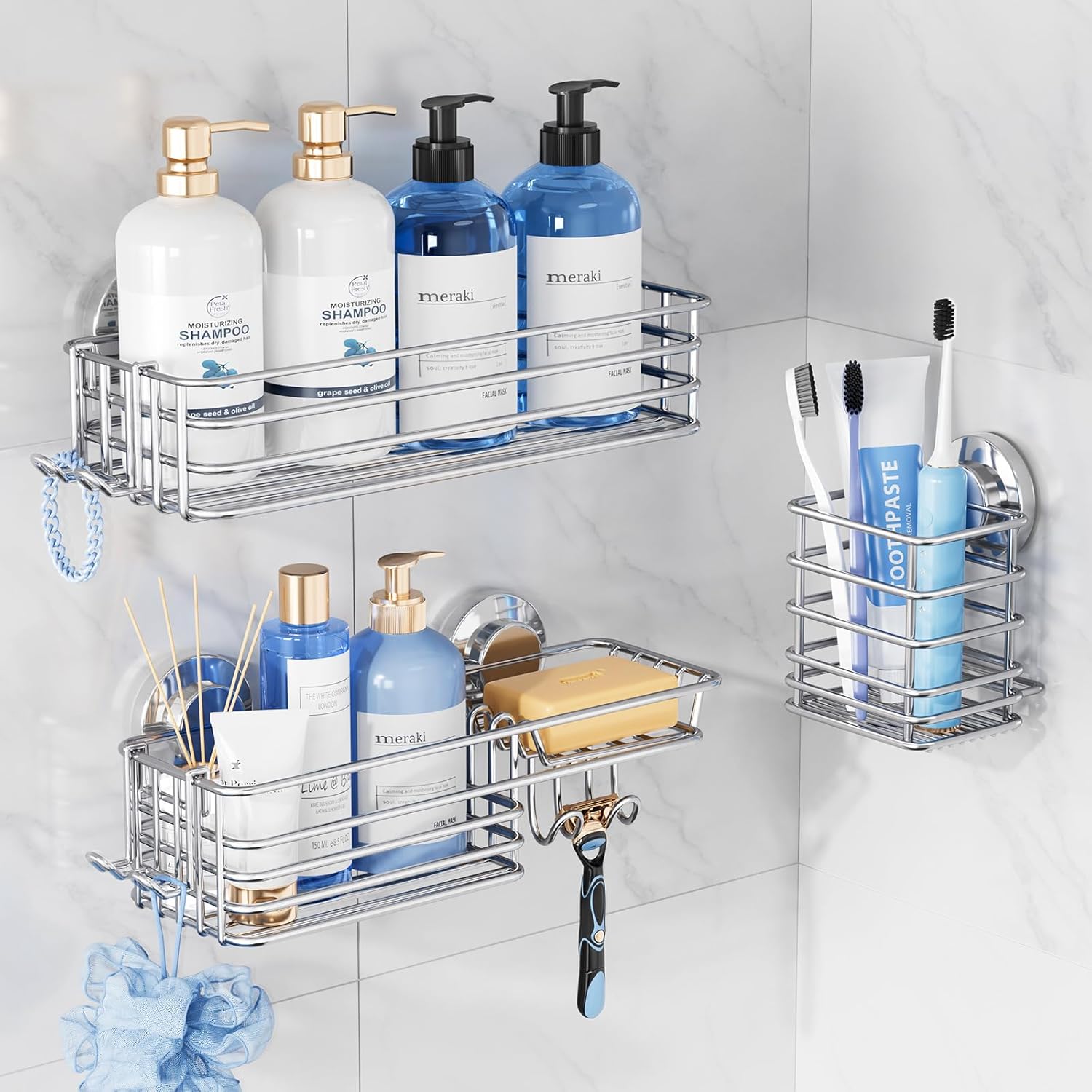TAILI Shower Caddy Suction Cup with Hooks & Soap Holder for Bath
