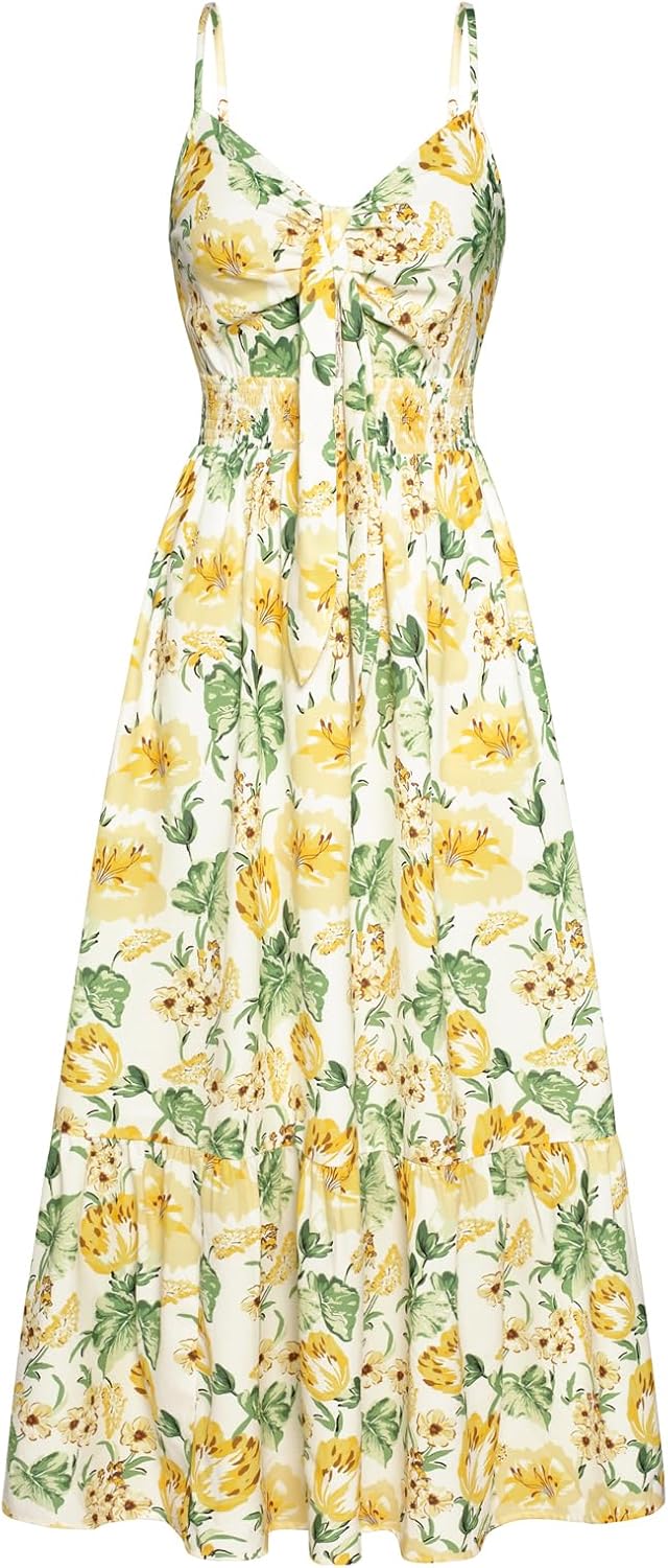Summer Maxi Dress Floral Tie Front Spaghetti Strap Casual Style