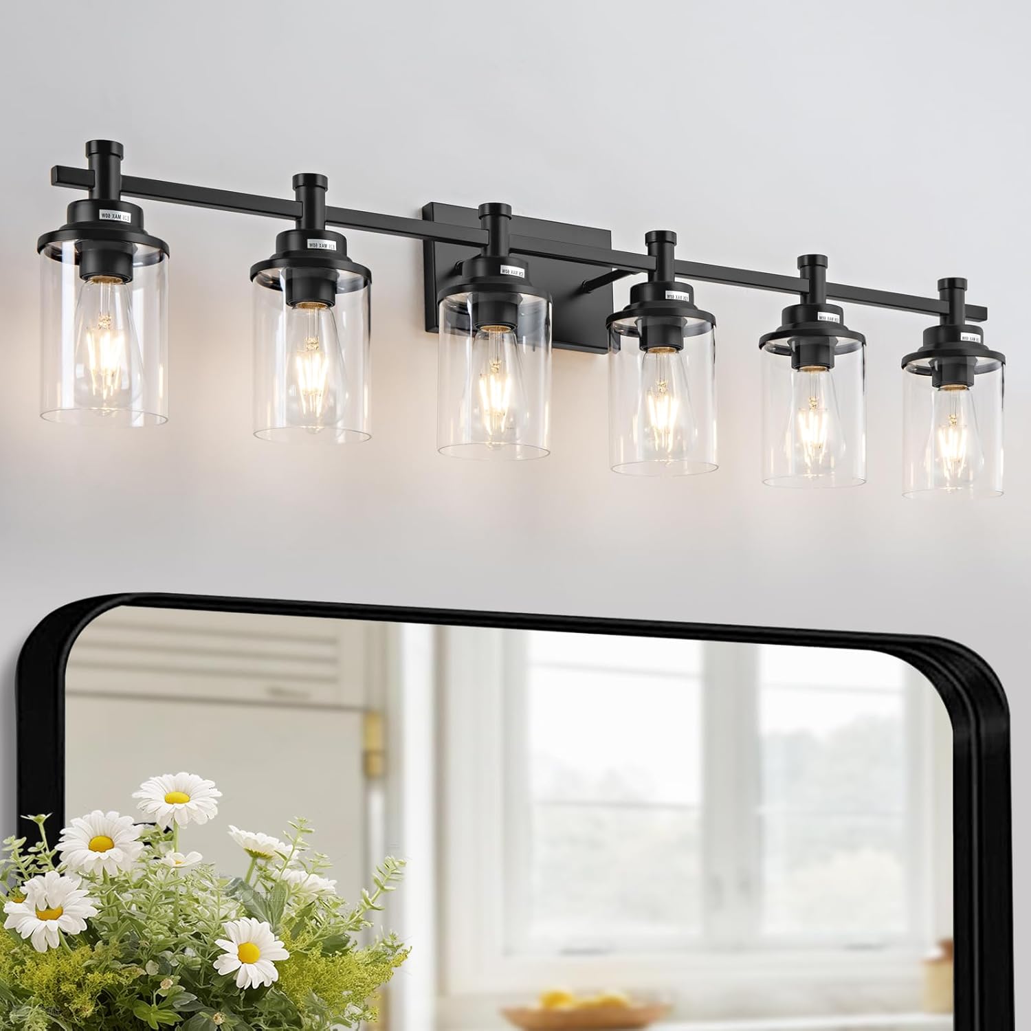 Modern Black Bathroom Vanity Lighting Over Mirror with 6 Lights
