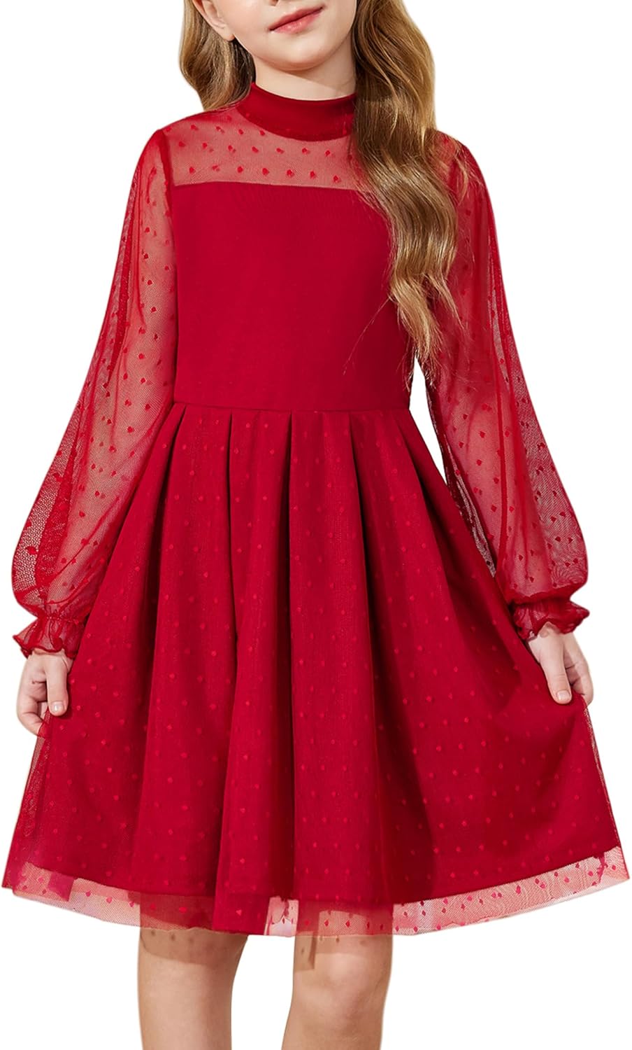Arshiner Girls Dresses Contrast Mesh Puff Long Sleeve A Line