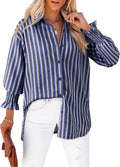 Women's Striped Button Down Shirt - Oversized Boyfriend Smocked Cuff