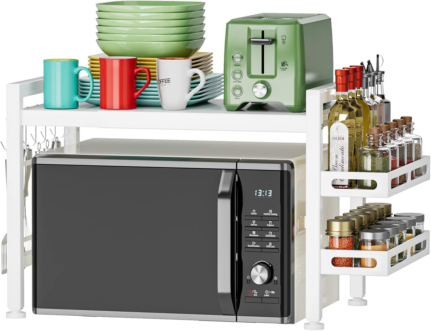 YIUKEA Adjustable Countertop Microwave Shelf - Space-Saving 2 Tier Rack with Spice Organizer & Hooks