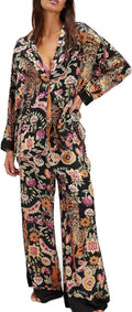 Women Satin Pajama Set Floral Silk PJs 2-Piece - Wide Leg Comfort