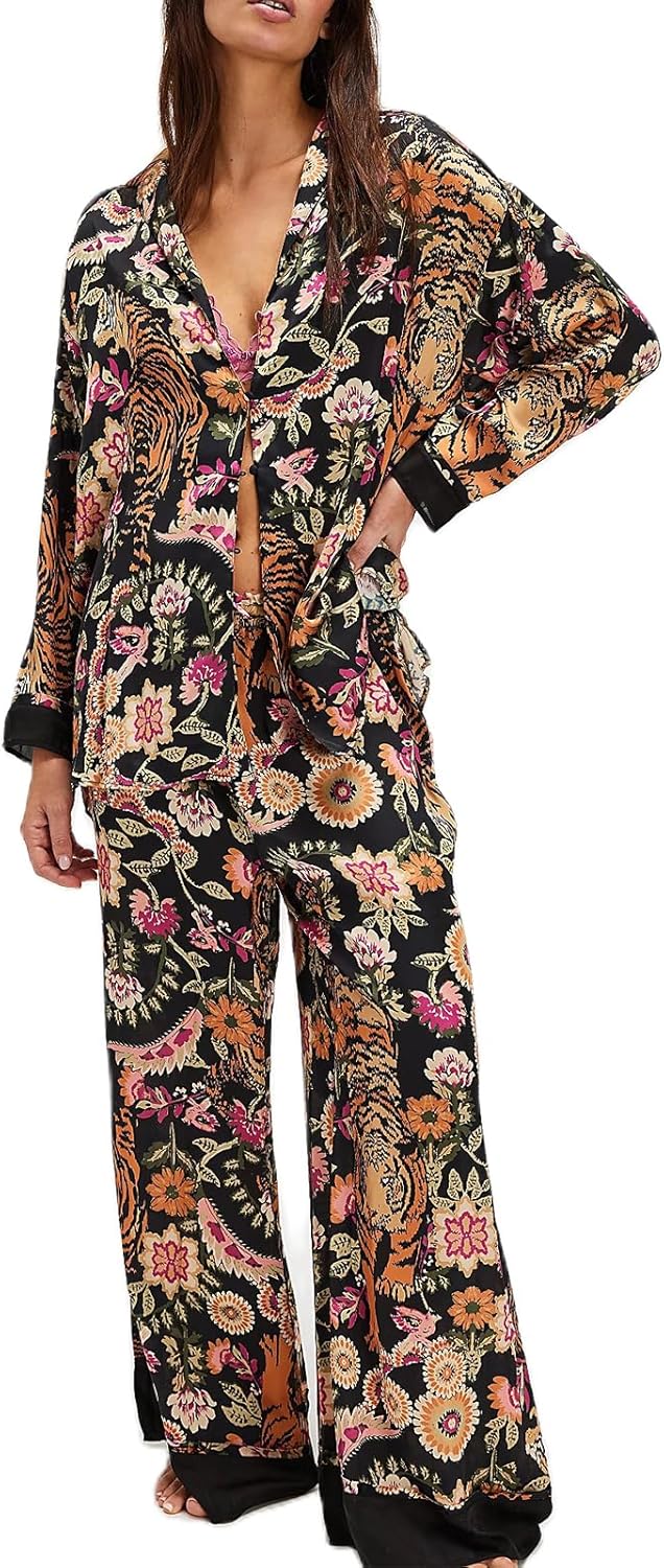 Women Satin Pajama Set Floral Silk Pajamas for Cozy Nights