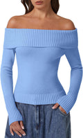 Cotton Off The Shoulder Sweater for Women - Slim Ribbed Pullover Shoes