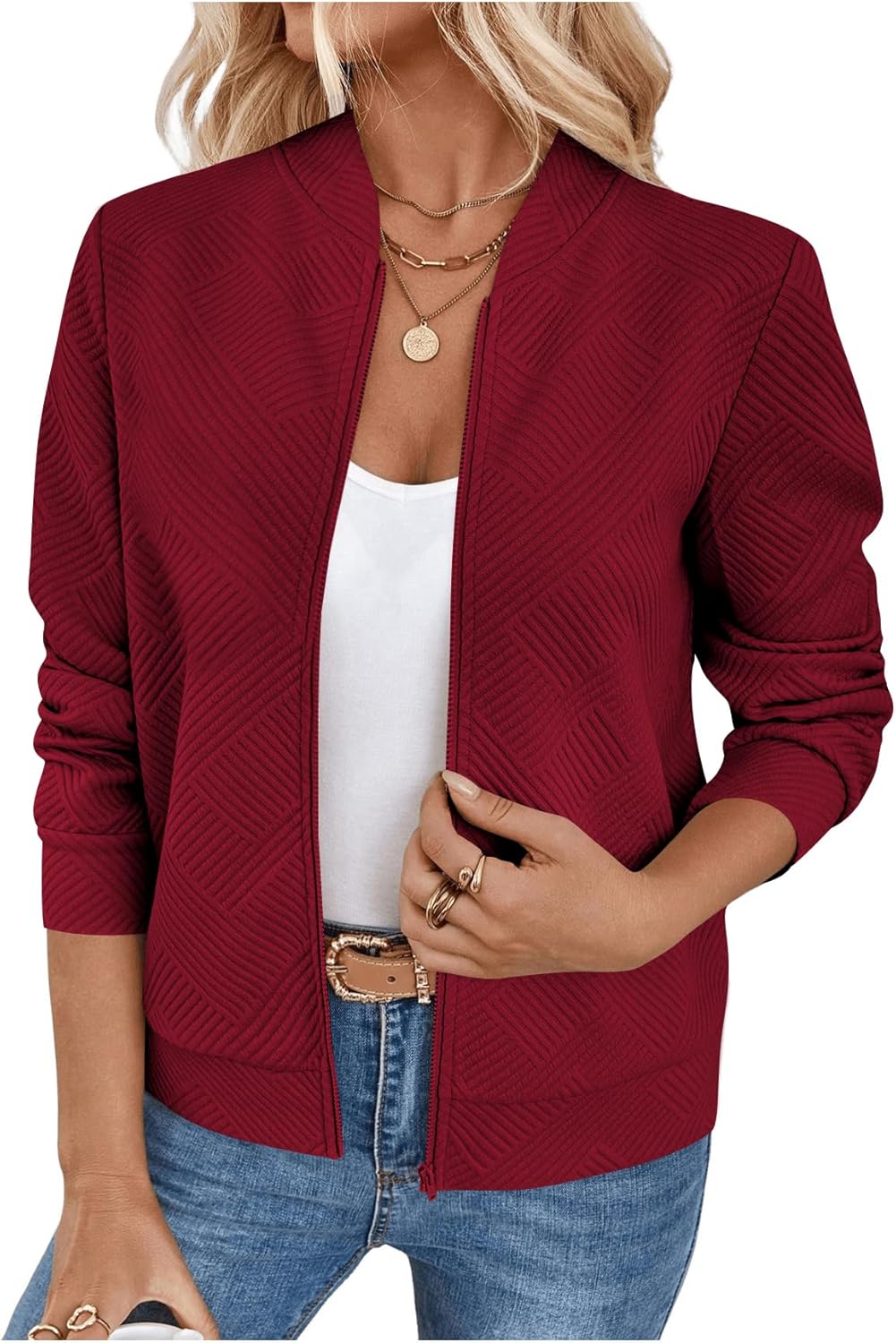 Verdusa Women's Zip Up Textured Bomber Jacket for Casual Style