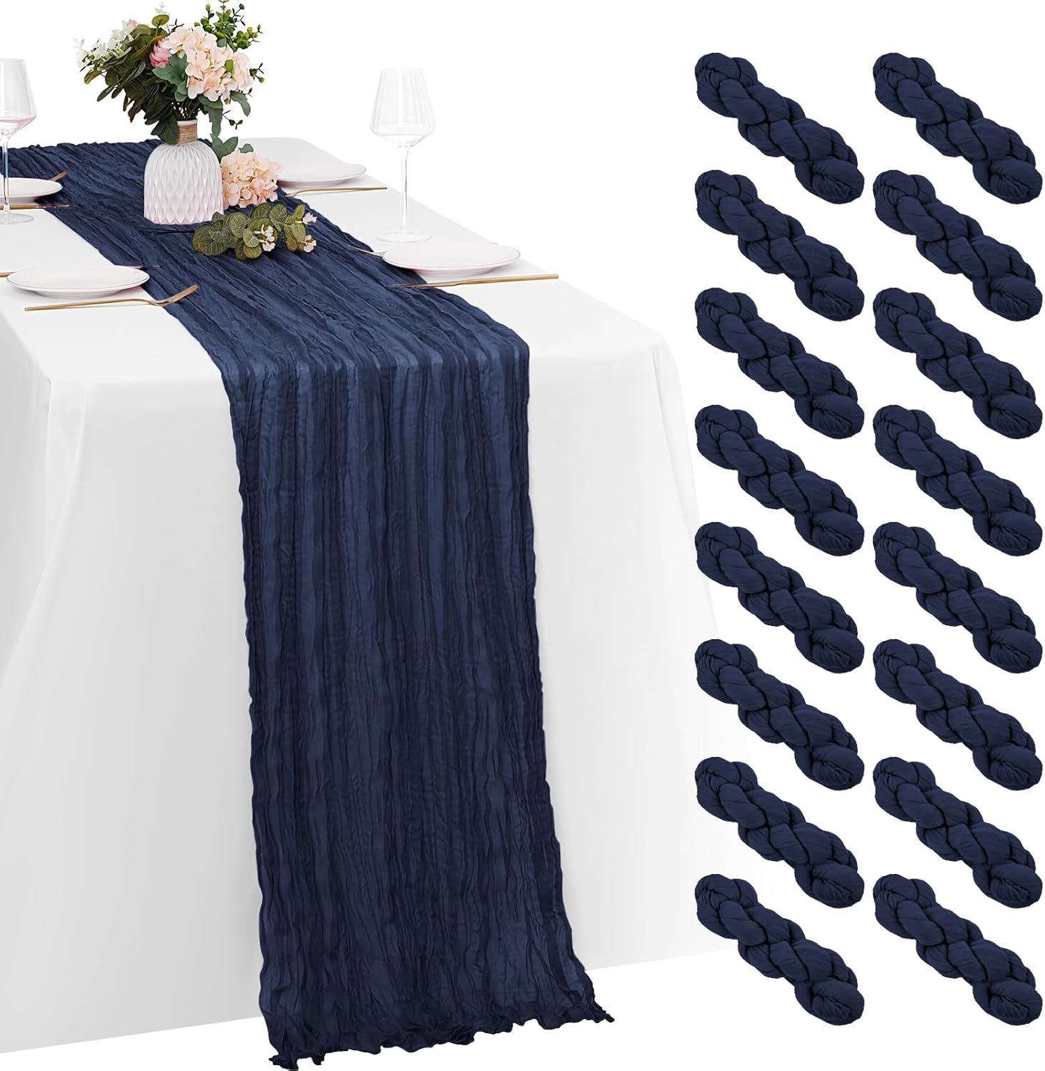 16 Pack Navy Blue Cheesecloth Table Runners for Elegant Decor