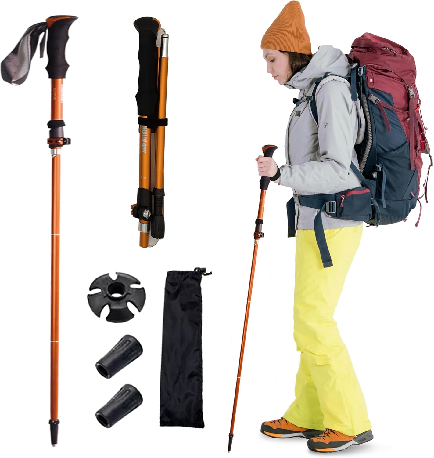 Ultra Lightweight Collapsible Hiking Pole - Terrain Ready, Quick Lock System - Orange