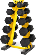 150 lb Coated Hex Dumbbell Set with Yellow A-Frame Rack - Space Saving