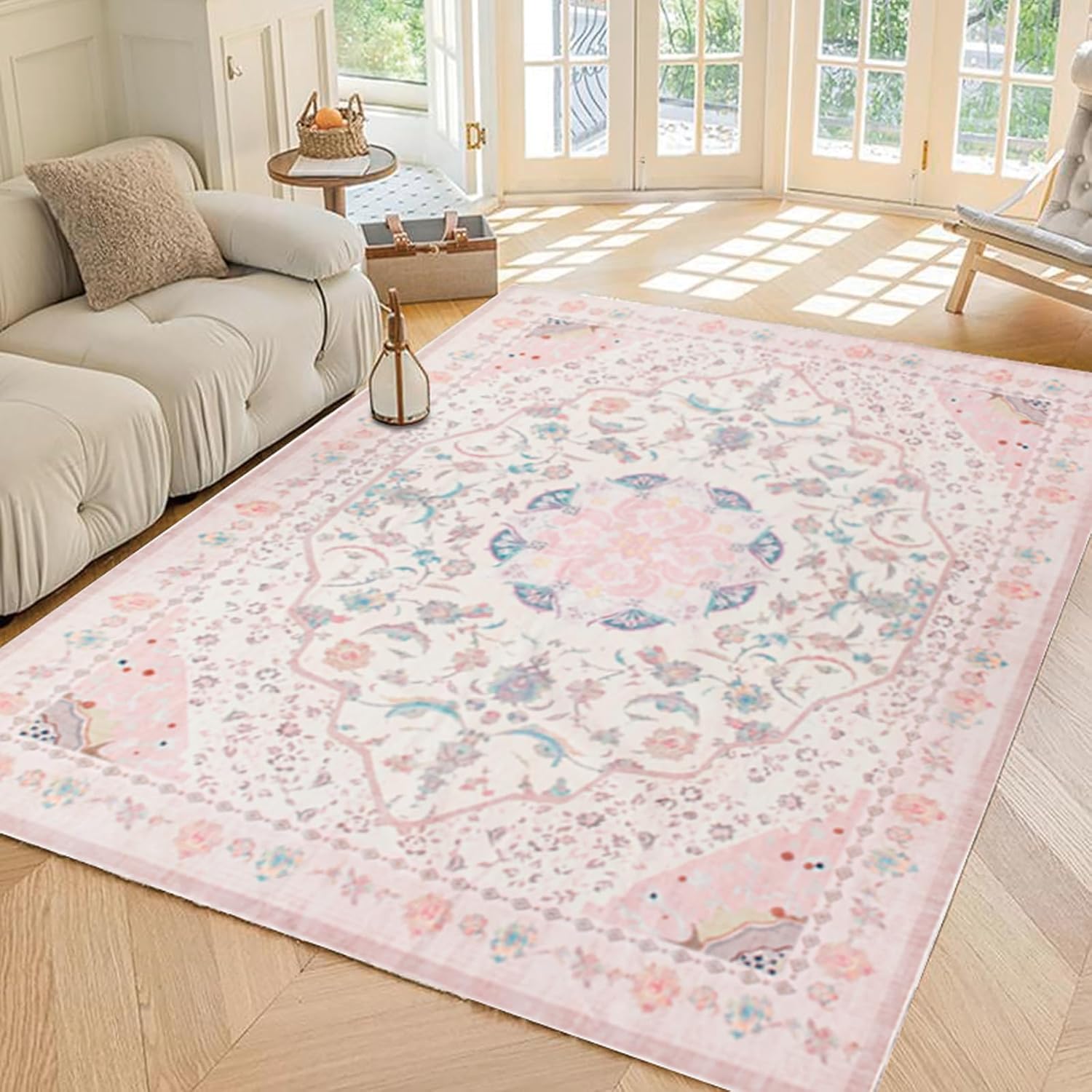 Vintage 5x7 Non-Slip Pink Rug - Soft & Washable