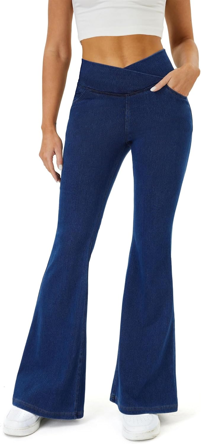 Trendy Bell Bottom Jeans for Women with Crossover Waist Design