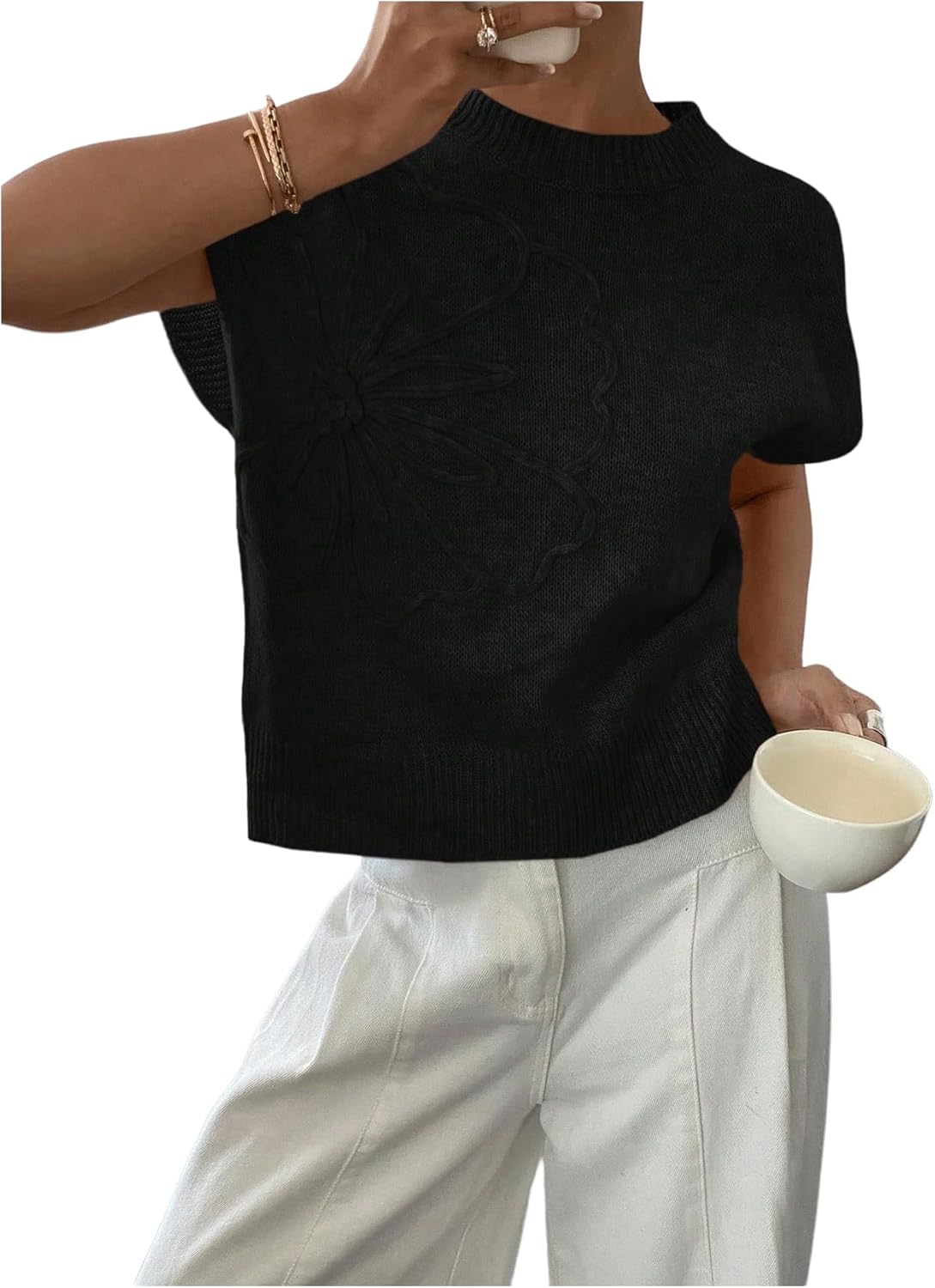 SOLY HUX Women's Ribbed Sweater with Floral Knit Design