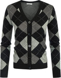 Cardigan Sweater V Neck Button Up Argyle Color Block - Cozy Fit