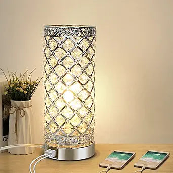 Touch Control Crystal Table Lamp with Dual USB Ports for Bedroom