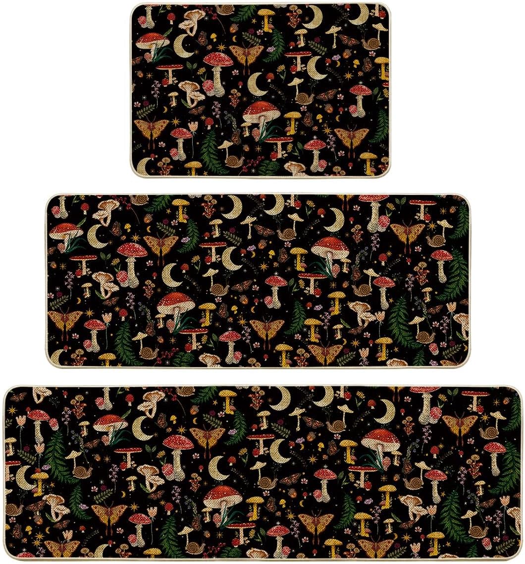 Artoid Mode Black Mushrooms Butterfly Kitchen Mats Set of 3