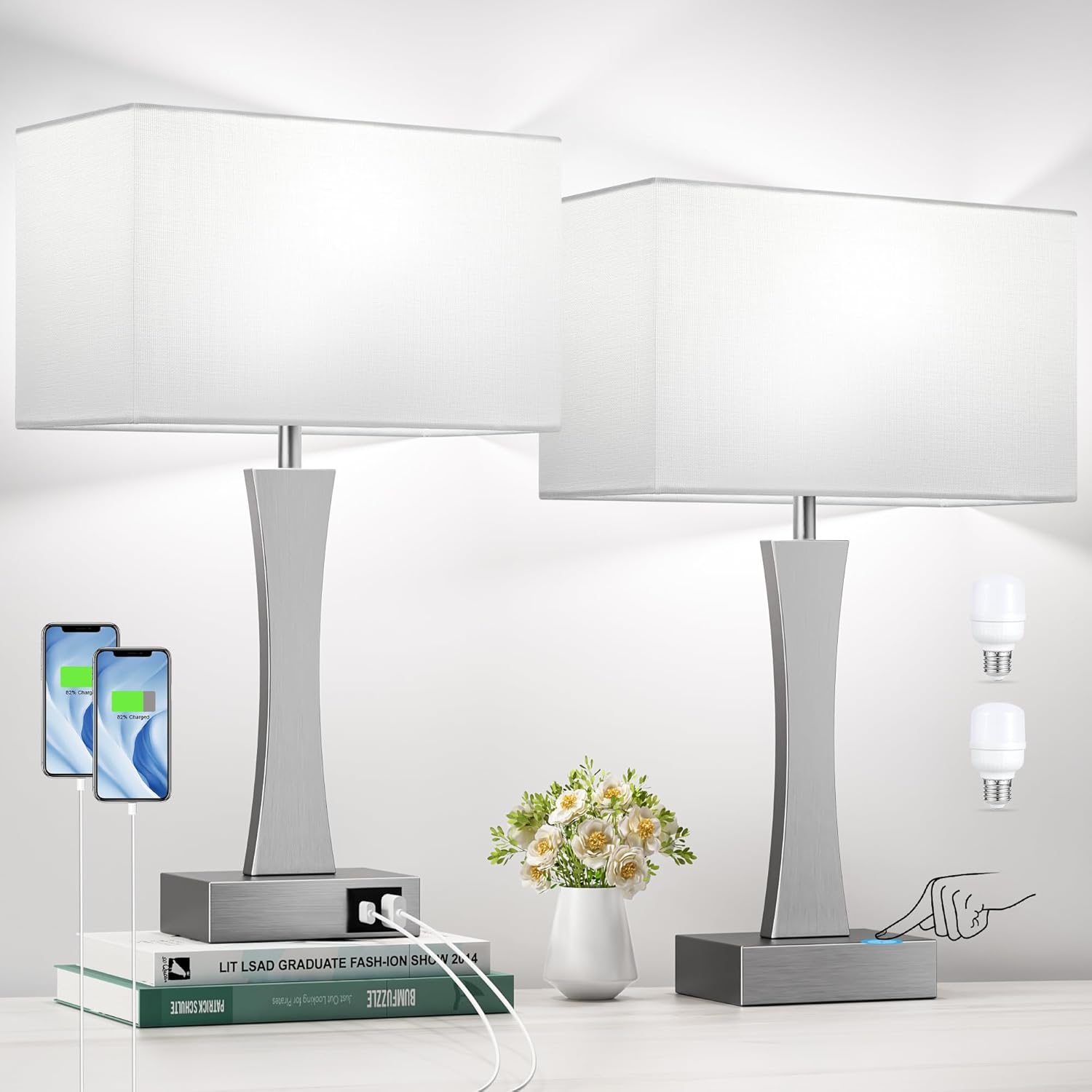 3 Way Dimmable Bedside Lamps for Night Stands with USB Ports