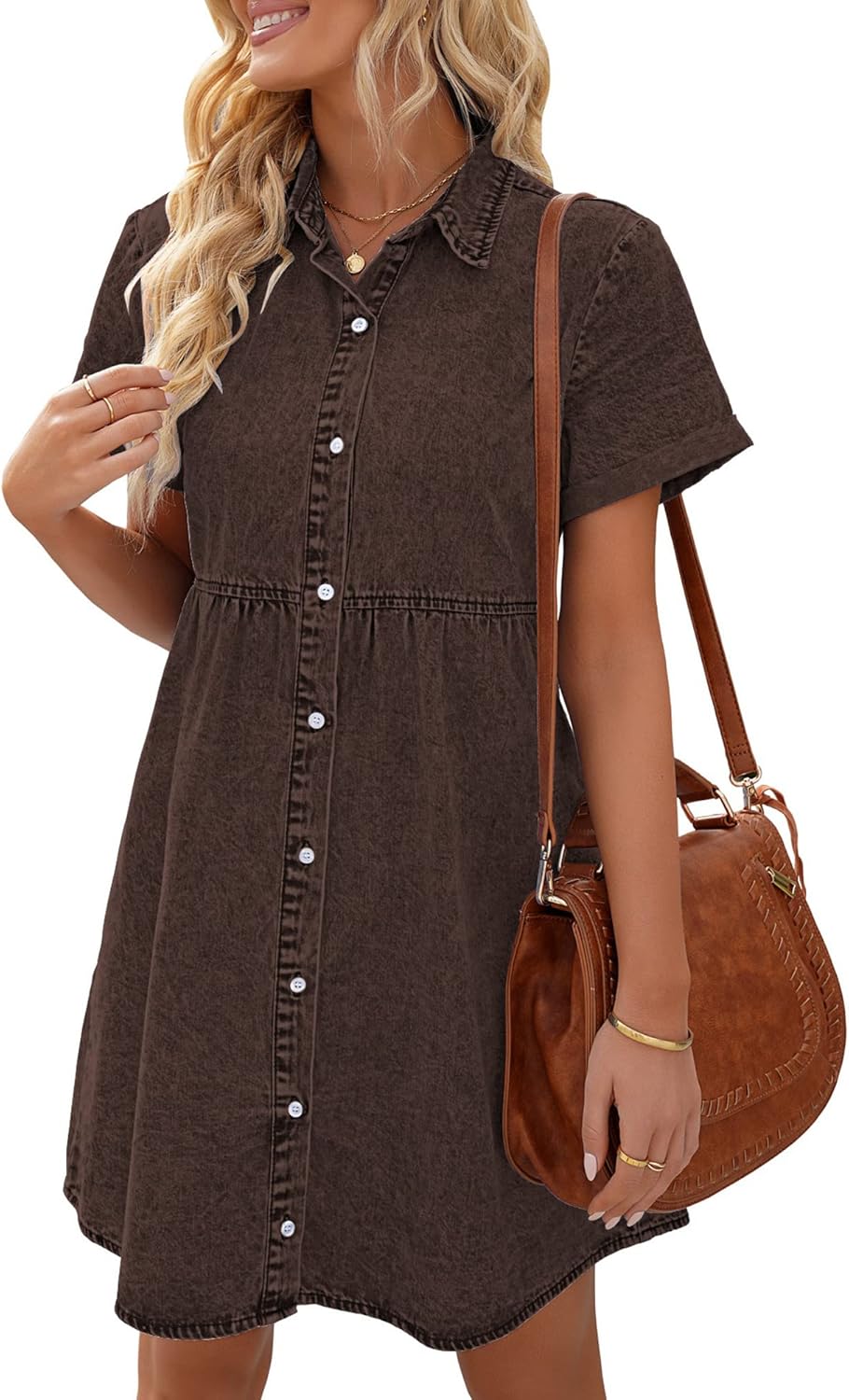 LookbookStore Women's Short Sleeve Denim Babydoll Dress for Summer