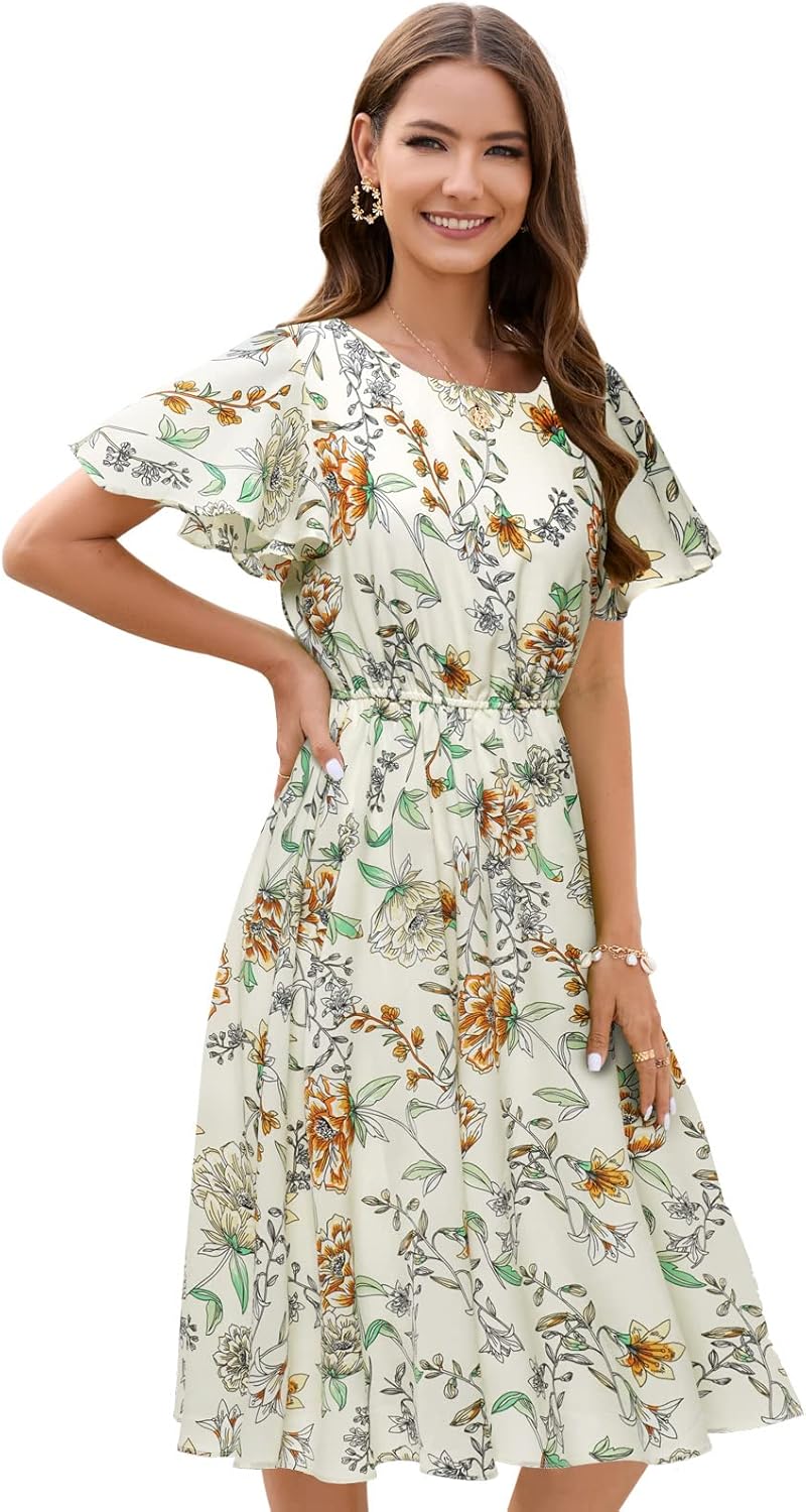 Chiffon Floral Dresses for Women with Elastic Waist Comfort