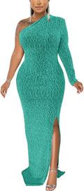 Women's One-Shoulder Sparkly Maxi Dress - Elegant Long Sleeve Split