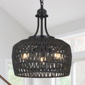 Black Rattan Chandelier for Dining Room - 3-Light Boho Pendant