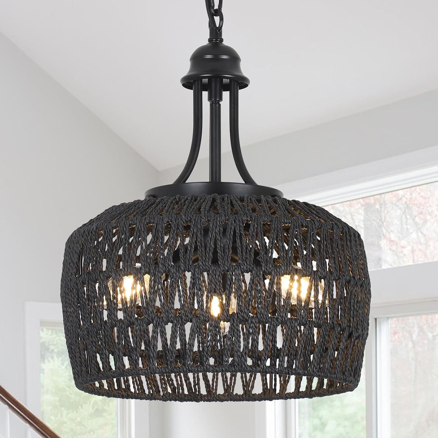 Black Rattan Chandelier for Dining Room - 3-Light Boho Fixture