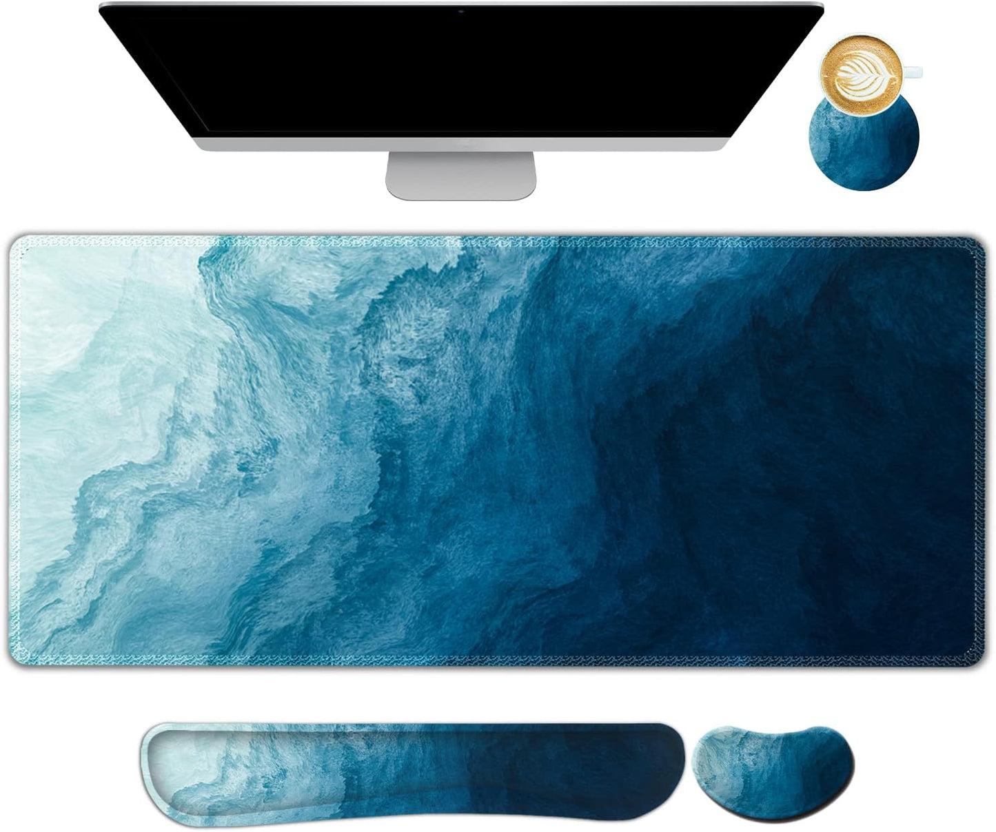 AIMSA Ergonomic Gaming Desk Set, Memory Foam, Dark Blue Waves