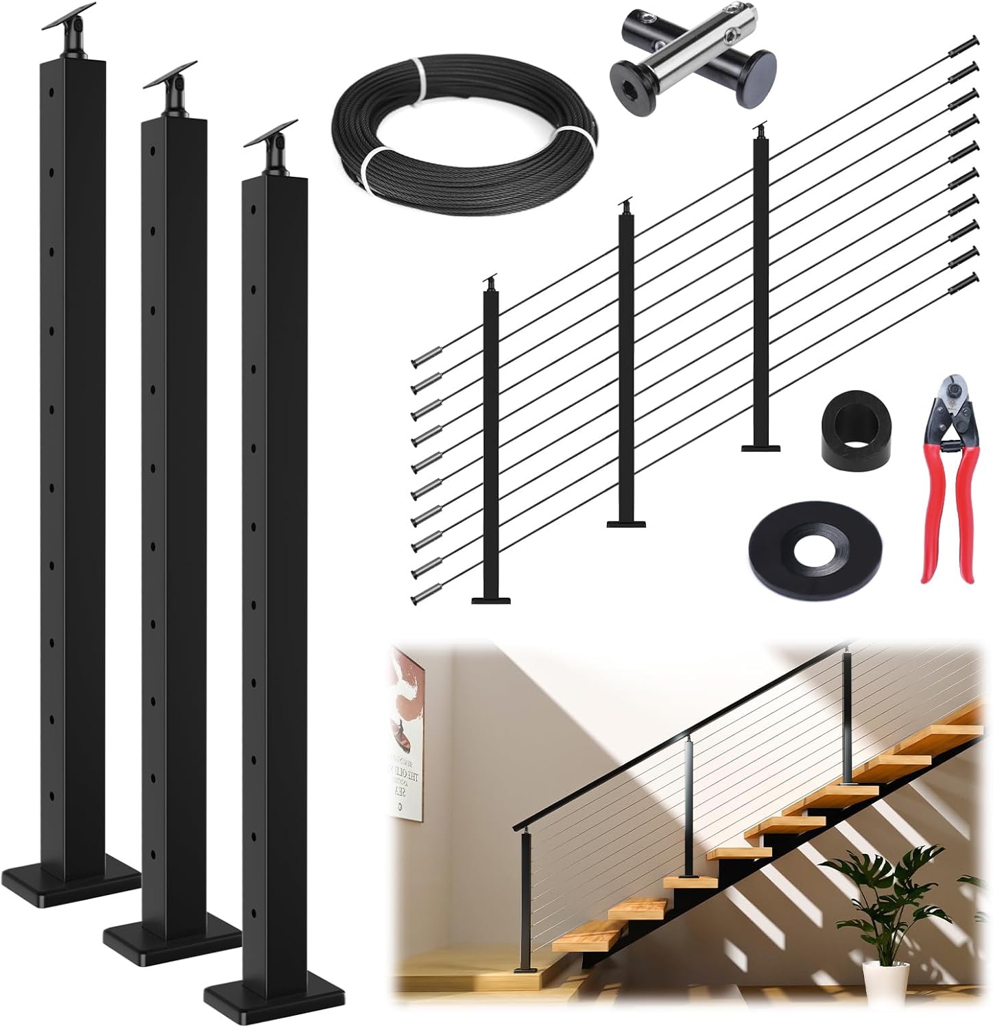 Muzata 10-15FT Modular Black Cable Railing Kit for Stairs