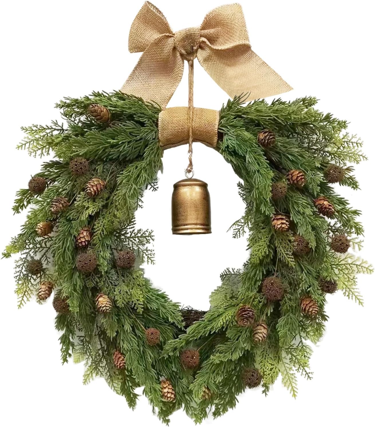 Faux Christmas Norfolk Pine Wreath with Rustic Iron Bell