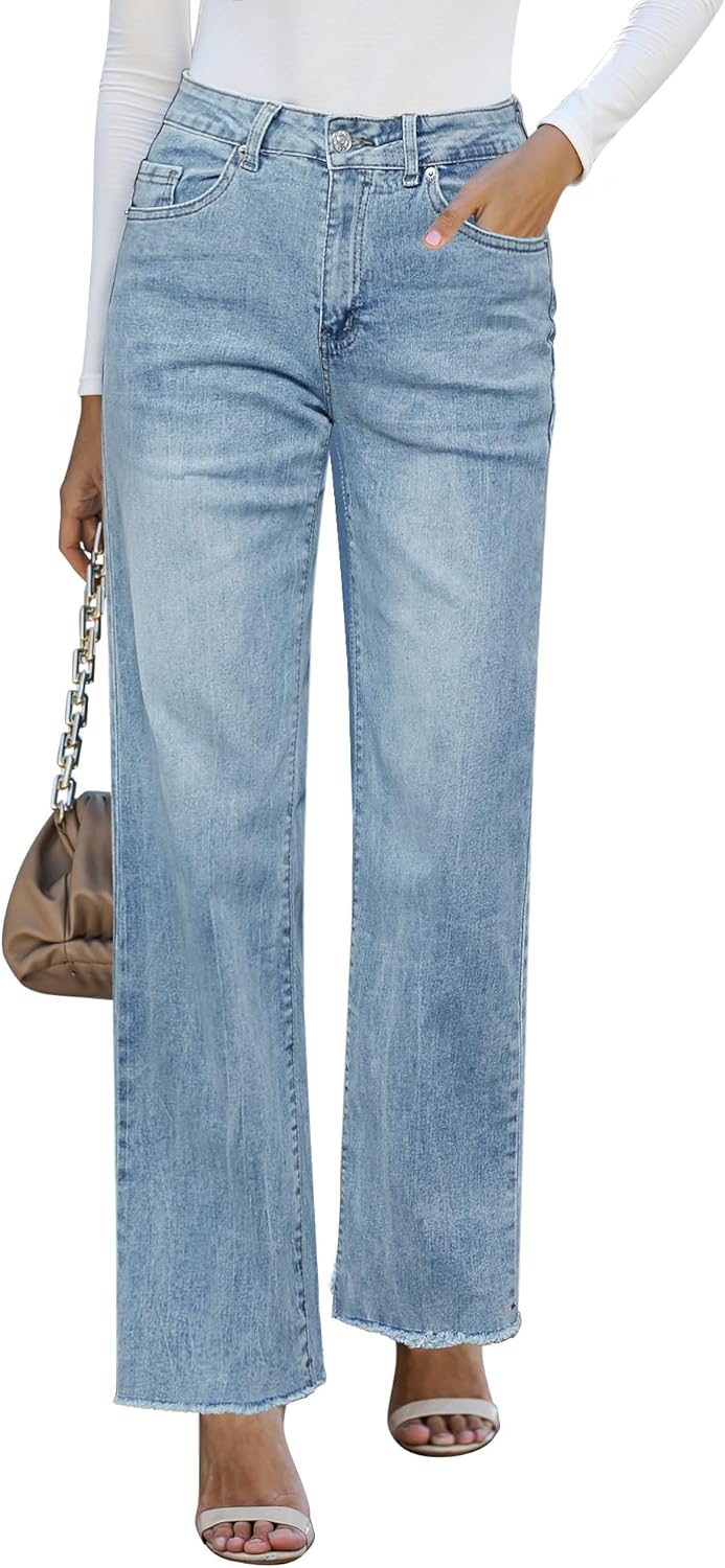 High Waisted Straight Leg Jeans for Women with Frayed Hem