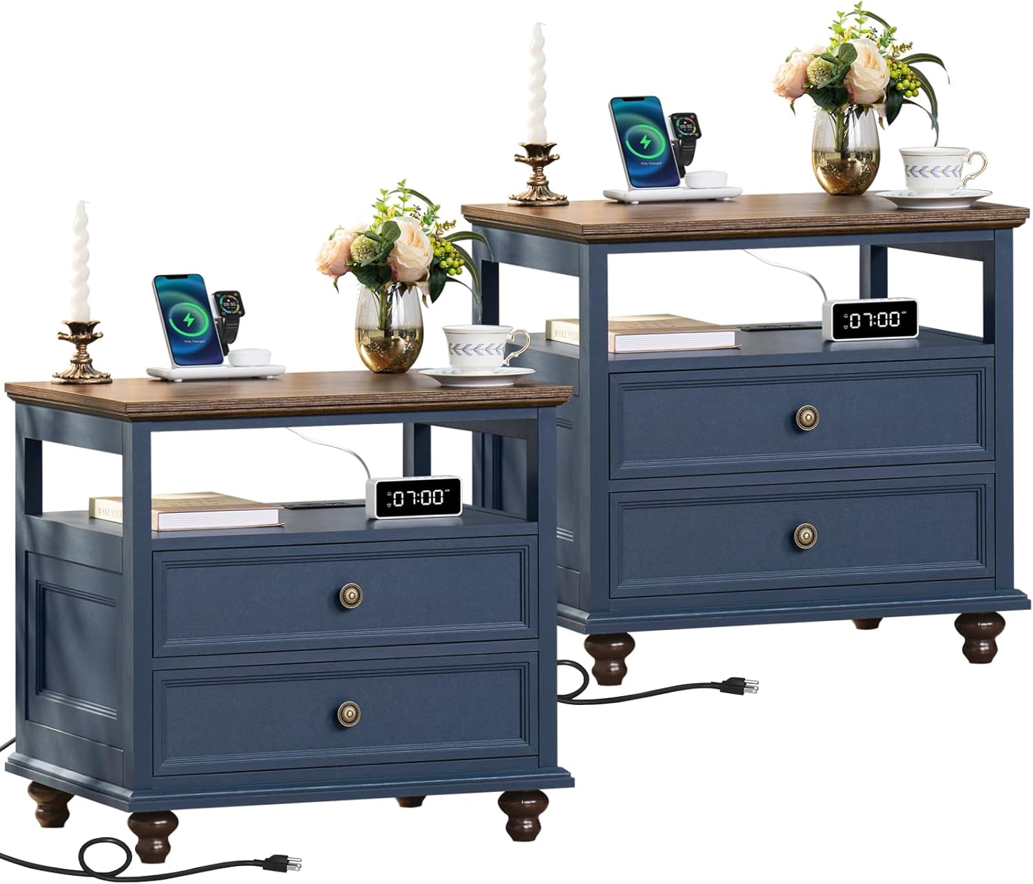 Farmhouse Nightstand Set of 2 with Charging Station for Bedroom