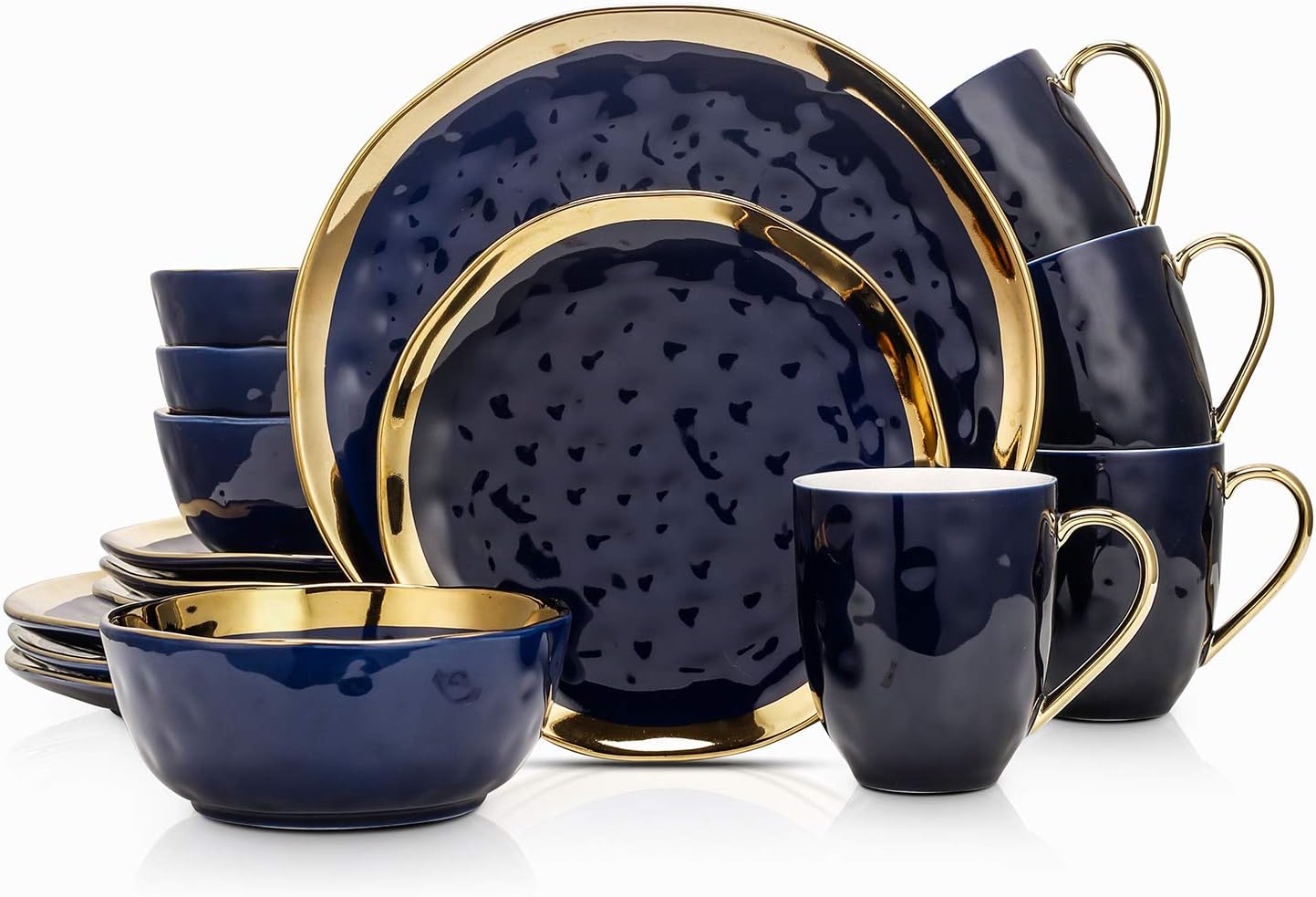 Stone Lain Porcelain Dinnerware Set with Blue and Gold Trim