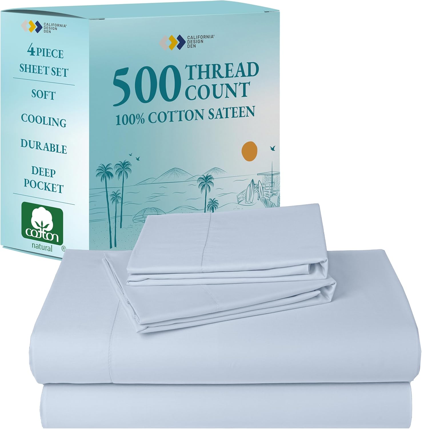 Full Cotton Sateen Sheet Set - 500 Thread Count Light Blue