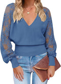 Women's V Neck Lace Long Sleeve Ribbed Knit Sweater Pullover - Elegant