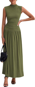 PRETTYGARDEN Womens Ruched Tank Top and Ruffle Maxi Skirt Set - Summer