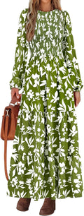 Women's Floral Maxi Dress Smocked Tiered Long Sleeve - Flowy Fit
