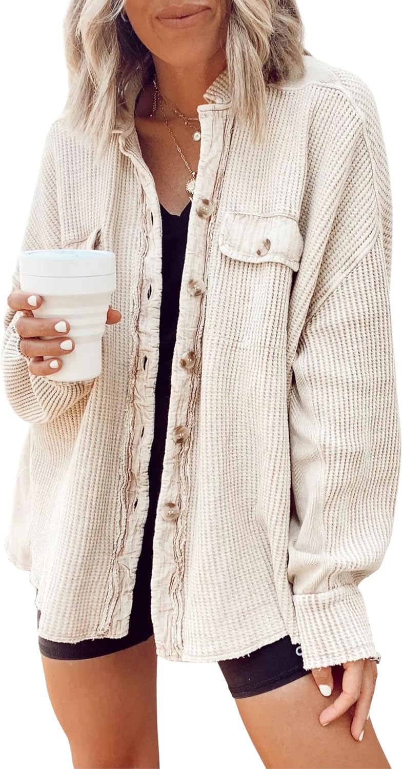 Chouyatou Women's Loose Fit Waffle Knit Button Down Shacket