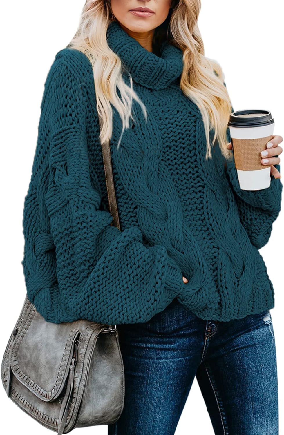 Dokotoo Womens Turtleneck Balloon Sleeve Sweater for Winter