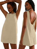 Womens Summer Linen Mini Dress Boat Neck Low Back - Breathable