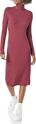 Fine Rib Long-Sleeve Turtleneck Midi Dress - Versatile Everyday Wear