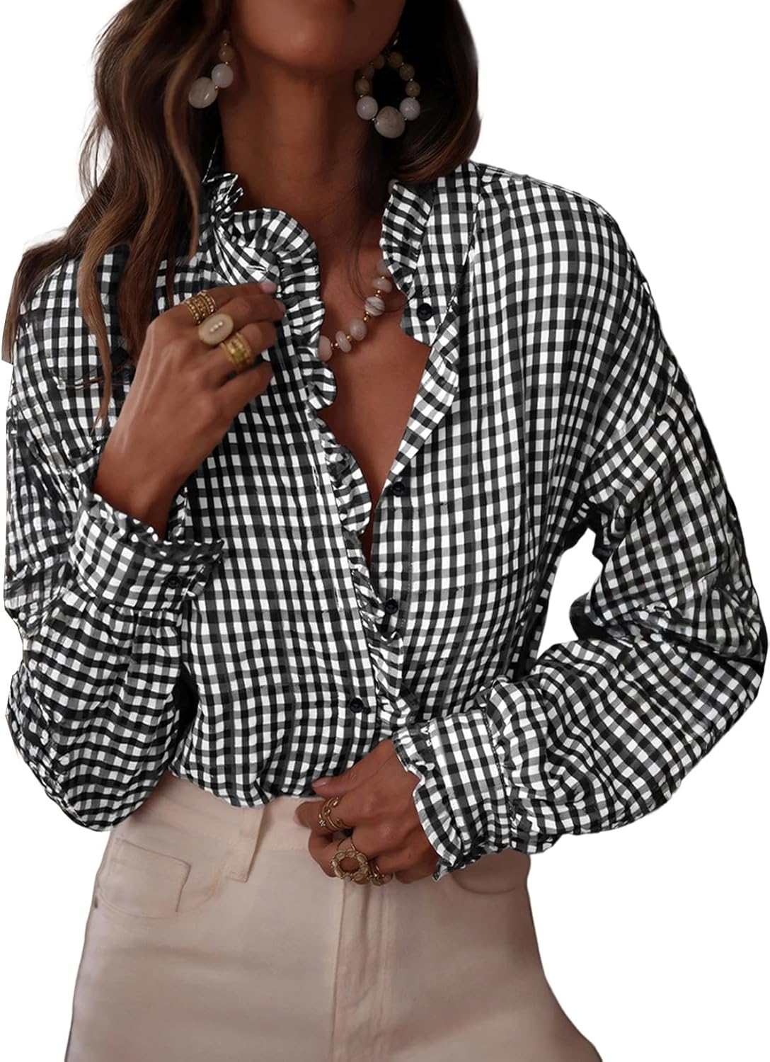 Astylish Womens Plaid Ruffle V Neck Blouse for Casual Style