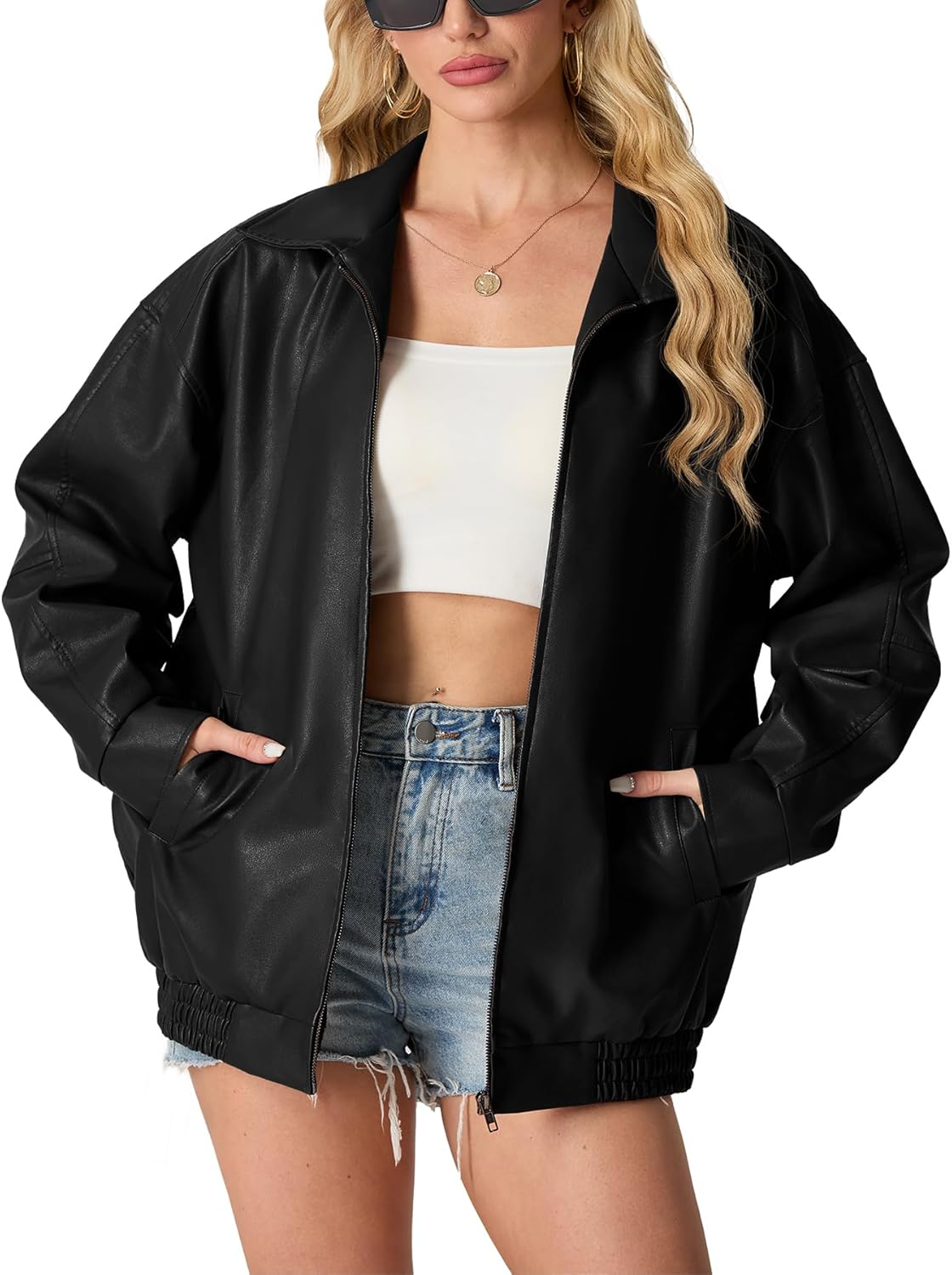 Lepunuo Leather Jacket for Women Oversized Faux Moto Biker Coat