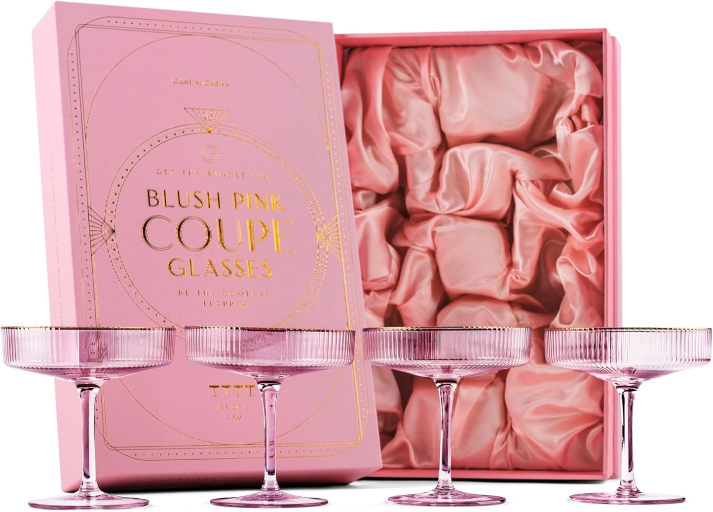 Vintage Blush Pink Coupe Glasses Set | 7 oz | Gold Rims
