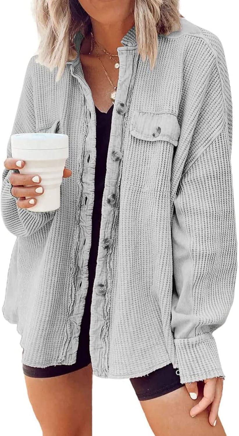 Oversized Waffle Knit Shirt for Women - Trendy Fall Shacket