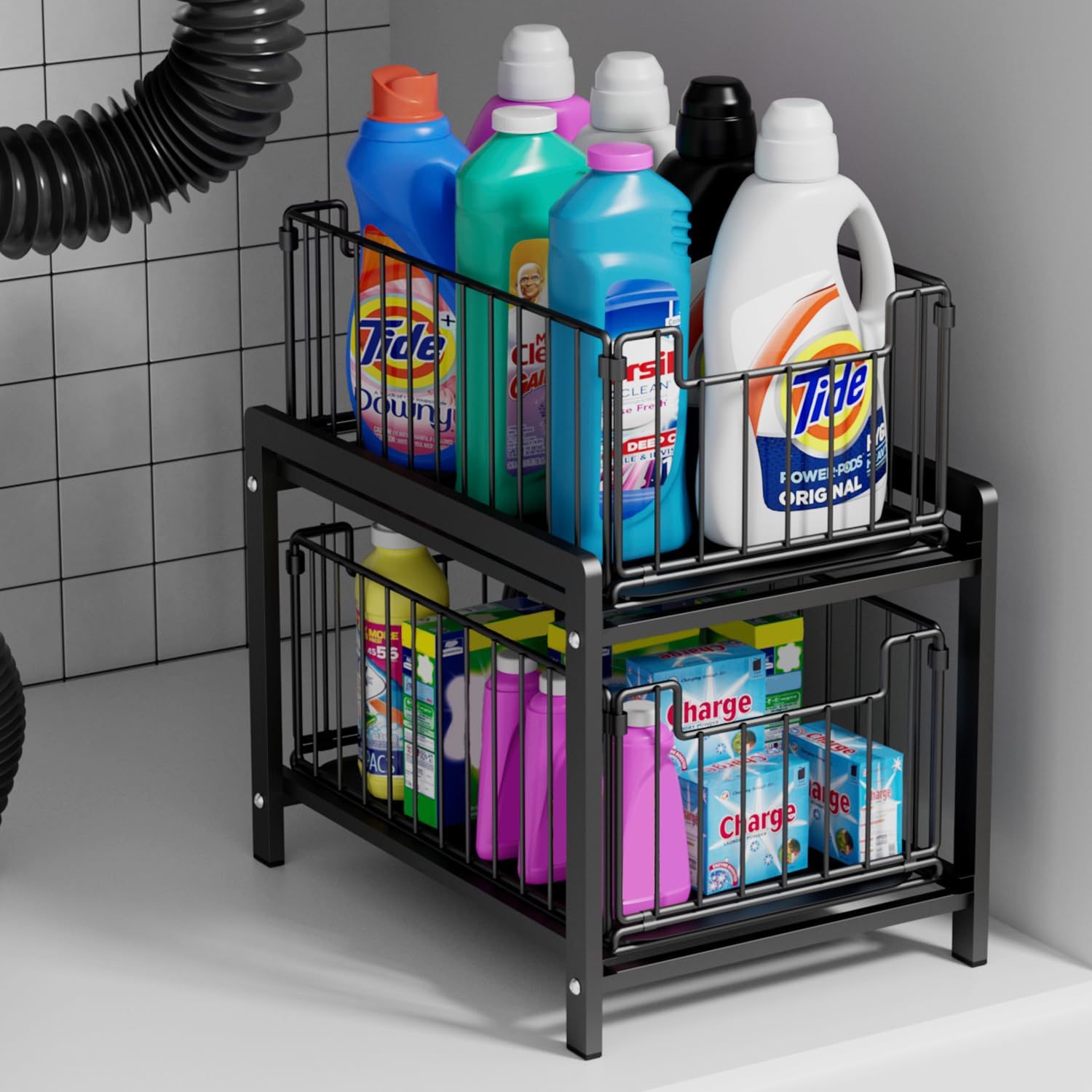 2 Tier Sliding Basket Drawer Organizer for Kitchen and Bathroom
